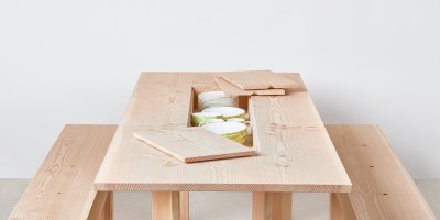 Planks Dining Table by Max Lamb with ceramics by Lindsey Adelman